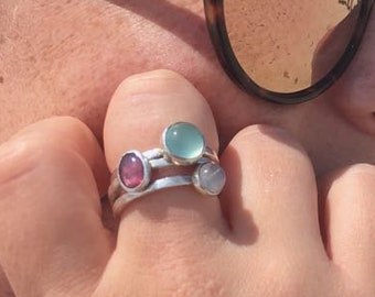 Stackable Ring Set Stones - Moonstone, Aqua Chalcedony and tourmaline ring - sterling silver wedding jewelry gift for her