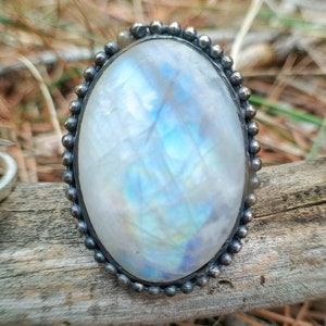 Sterling Silver Ring with Large Oval Moonstone Cabochon image 3