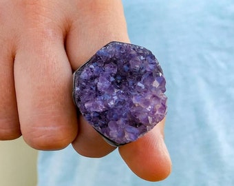 Natural purple amethyst druzy gemstone large sterling silver ring – Natural geode raw cristal stone