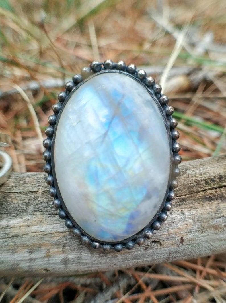 Sterling Silver Ring with Large Oval Moonstone Cabochon image 3