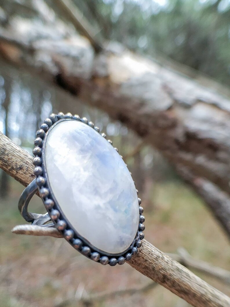 Sterling Silver Ring with Large Oval Moonstone Cabochon image 6