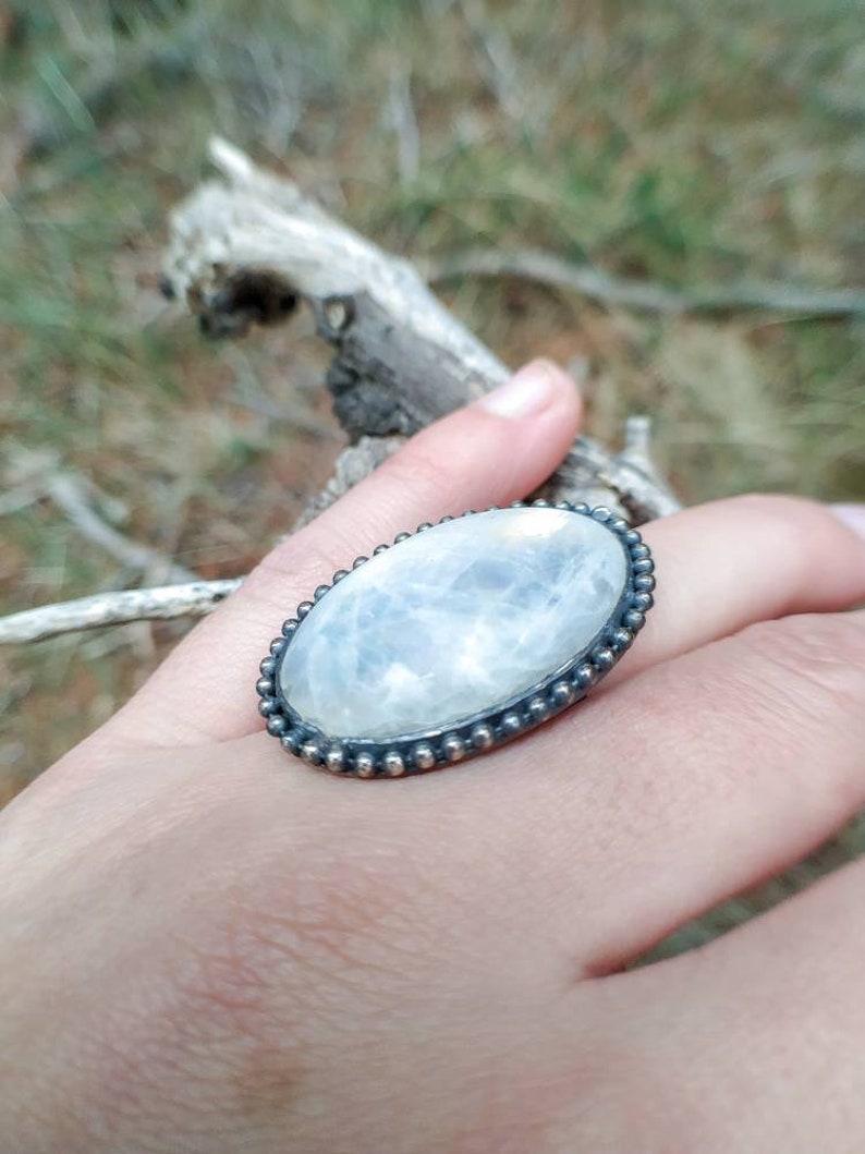 Sterling Silver Ring with Large Oval Moonstone Cabochon image 4