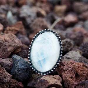 Sterling Silver Ring with Large Oval Moonstone Cabochon image 1