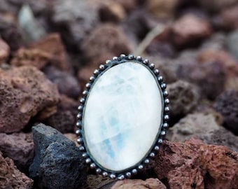 Sterling Silver Ring with Large Oval Moonstone Cabochon