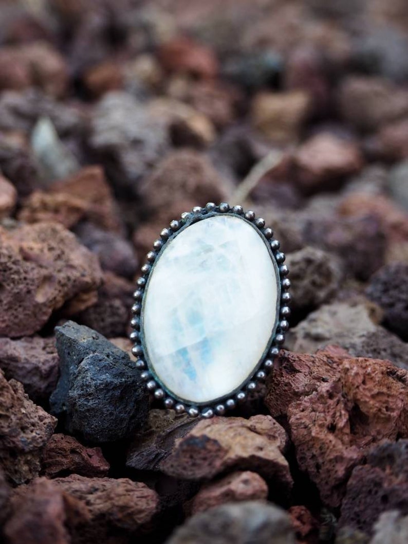 Sterling Silver Ring with Large Oval Moonstone Cabochon image 1