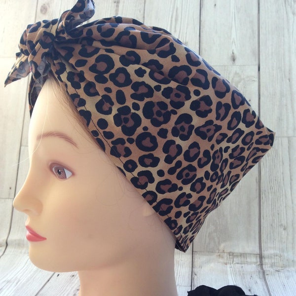 Vintage style retro handmade leopard print headscarf, land girl WW2 forties, Rosie the riveter, rockabilly head scarf