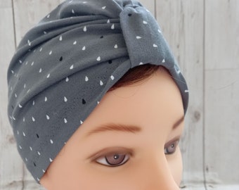 Grey raindrops stretch cotton mix 1940s style vintage pull on turban hat, soft chemo cap wear hair loss head cover