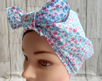 Vintage style retro handmade blue lilac pink ditsy flowers headscarf, land girl WW2 forties, Rosie the riveter, rockabilly head scarf