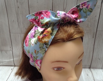 Wide sky blue floral Rosie the riveter retro vintage style hair tie bandana style fifties forties rockabilly hair wrap