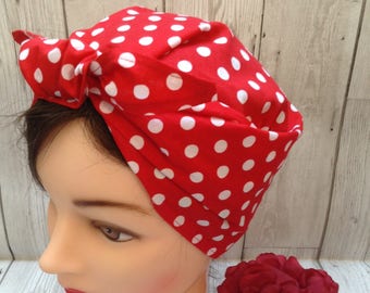 Vintage style retro handmade red polka dot headscarf, land girl WW2 forties, Rosie the riveter, rockabilly head scarf