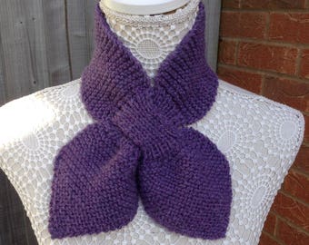 Miss Marple hand knitted 1940s vintage style ascot scarf purple alpaca wool mix textured keyhole looped slotted scarflette bow tie neck wrap