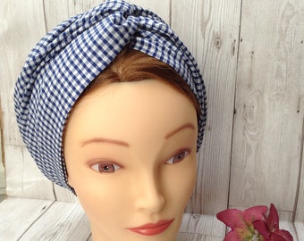 Dark blue gingham check 1930s 1940s dusting cap vintage wartime style, retro self tie turban headscarf, chemo hair loss head cover.