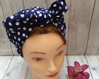 Navy blue white polka dot head scarf vintage style land girl headscarf, 1940s WW2 forties Rosie the riveter chemo hair loss head cover