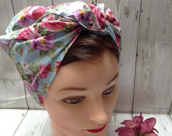 Vintage style retro handmade chemo headscarf blue roses land girl WW2 forties headwear 1940s reenactment Rosie the riveter vegan bandana