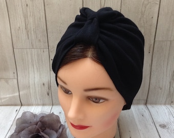 Black stretch cotton 1940s style vintage retro inspired pull on turban hat, soft chemo head wear hair loss head cover, wartime reenactment