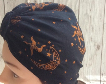 Black celestial moon stretch cotton mix 1940s style vintage pull on turban hat, soft chemo cap wear hair loss head cover