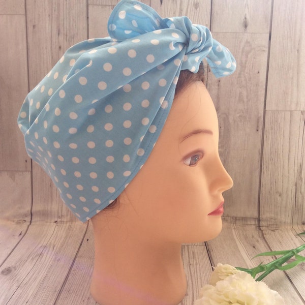 Vintage style retro handmade sky blue polka dot headscarf, land girl WW2 forties, Rosie the riveter, rockabilly head scarf