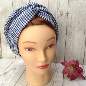 Dark blue gingham check 1930s 1940s dusting cap vintage wartime style, retro self tie turban headscarf, chemo hair loss head cover.