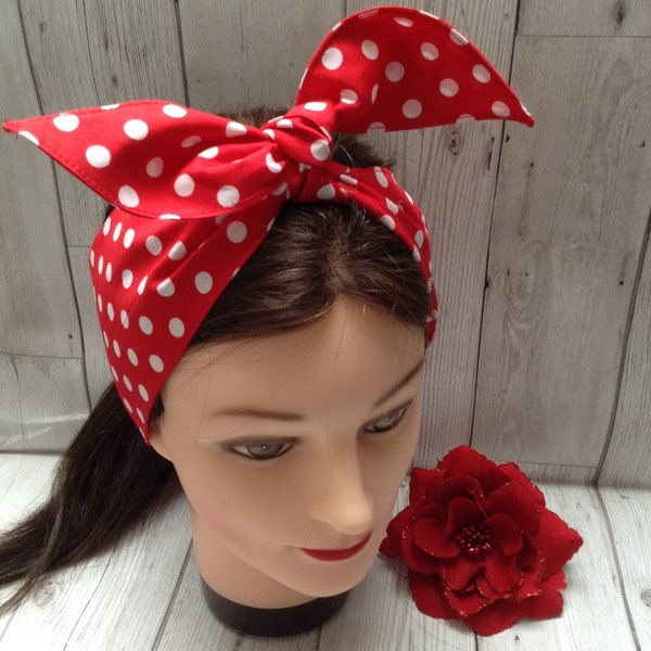 Wide Rosie the riveter retro vintage style handmade hair wrap hair tie bandana style, red polka dot, fifties forties rockabilly hair wrap