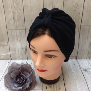 Black stretch cotton 1940s style vintage retro inspired pull on turban hat, soft chemo head wear hair loss head cover, wartime reenactment