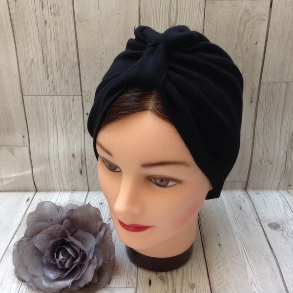 Algodón elástico negro estilo años 40 vintage retro inspirado tirar en sombrero de turbante, cabeza de quimioterapia suave usar cubierta de cabeza de pérdida de cabello, recreación en tiempos de guerra