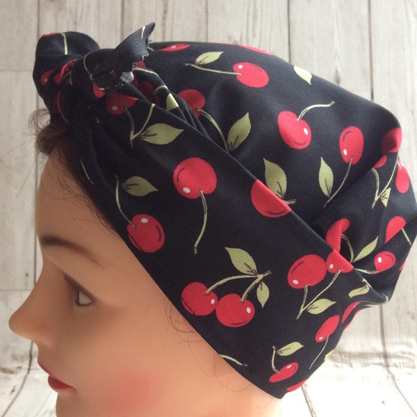 Vintage style retro handmade headscarf black with red cherries, land girl WW2 forties, Rosie the riveter, rockabilly head scarf
