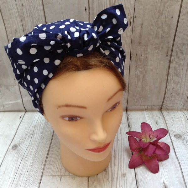 Navy blue white polka dot head scarf vintage style land girl headscarf, 1940s WW2 forties Rosie the riveter chemo hair loss head cover