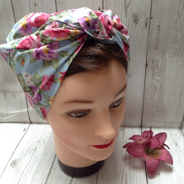 Vintage style retro handmade chemo headscarf blue roses land girl WW2 forties headwear 1940s reenactment Rosie the riveter vegan bandana