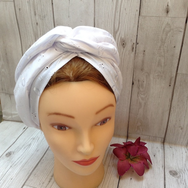 1930s 1940s dusting cap white embroidered anglaise cotton mix, vintage wartime style, retro self tie turban, chemo headwear cancer wear