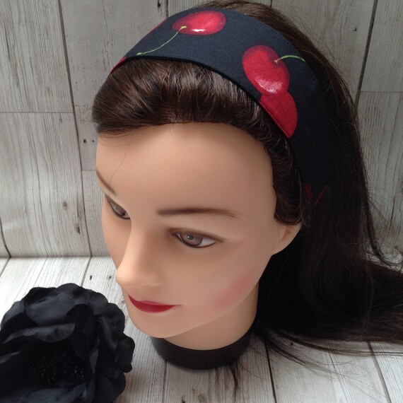 Black Red Cherries Elasticated Headband Handmade Vintage Style Etsy