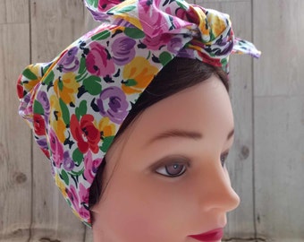 Vintage style retro handmade bright flowers headscarf, land girl WW2 forties, Rosie the riveter, rockabilly head scarf