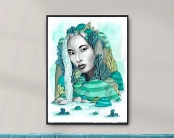 Woman portrait waterfall green