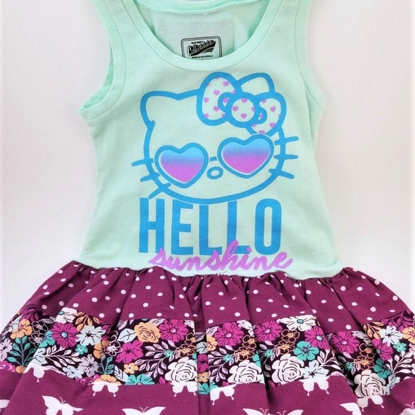 Tank Dress 18-24 Month, Hello Kitty Teal and Purple Floral Summer Dress, Toddler Flutter Skirtted Tank Dress, Summer Vacation Toddler Dress