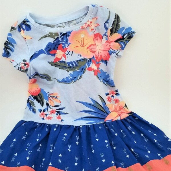 Toddler T-Shirt Dress, 2T Tropical Floral Dress in Blue and Coral, Toddler Flutter Skirt Dress, Spring Break or Summer Vacation Dress