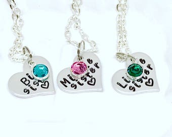 Sister heart necklace, Sister necklace set heart, Sister necklace for kids, Sister necklace birthstone, Sister necklace for 3, Personalized