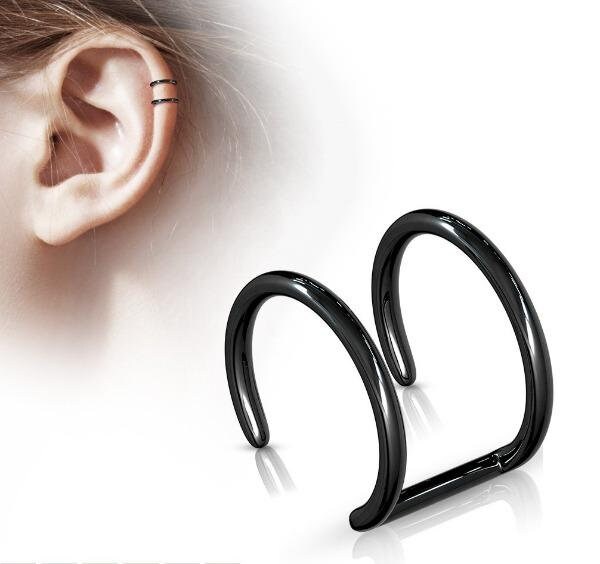 BLACK IP TITANIUM TWIN RING EAR CUFF CLOSURE CLIP ON CARTILAGE WRAP EARRING