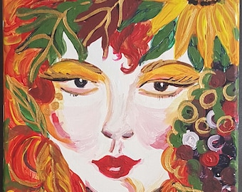 Colorful Fairy Portrait: Woman with Autumn Flowers, Acrylic Painting