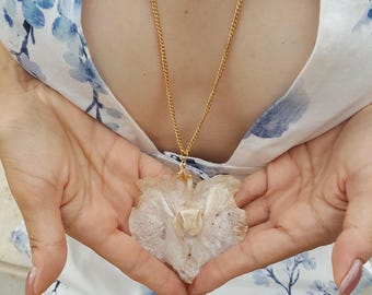 Elegant Long Pearl Necklace on gold chain White Epoxy Resin Orchid, Handmade