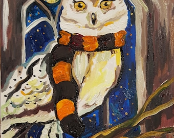 Hedwig Snowy Owl Halloween Art: Spooky Moon Night Acrylic Painting
