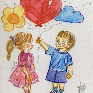 Web giff card Web animated card/Hand Painted Kids/Children playing, holding baloons Theme, Love, Hope, Good vibes greeting card