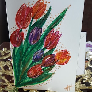 Originele handgeschilderde aquarel tulpen, Moederdag, verjaardag, blanco wenskaart A5 cadeau voor haar, cadeau vrouw, tulpen, bloemen