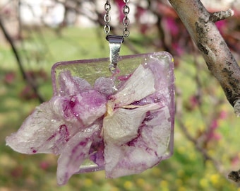 Elegant Purple Orchid Necklace Epoxy Resin Flower, Handmade necklace with orchid in square