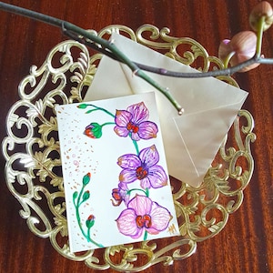 Orchidee acquerellate originali dipinte a mano, festa della mamma, compleanno, biglietto di auguri vuoto A5 regalo per lei, regalo per la festa della donna, viola, rosa, oro