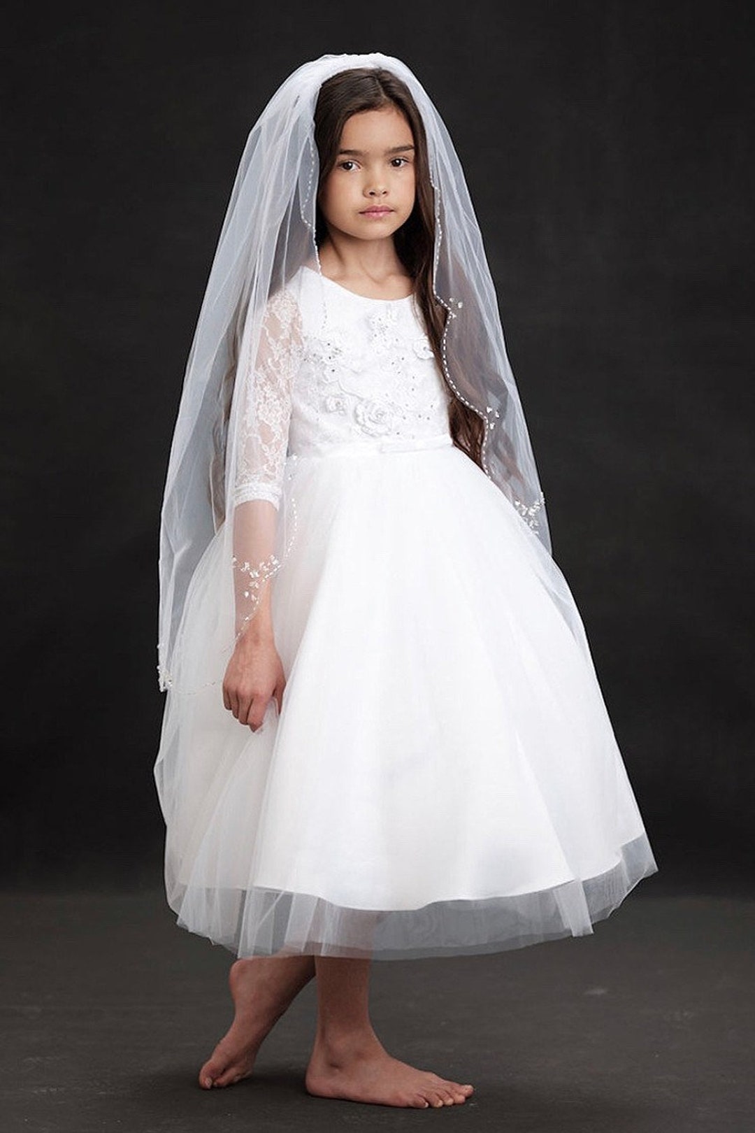 thumbnail image 2 of HEVECI White Holy Communion Dress For Girls - Long Sleeve Flower Girl Wedding Dress 2 of 10