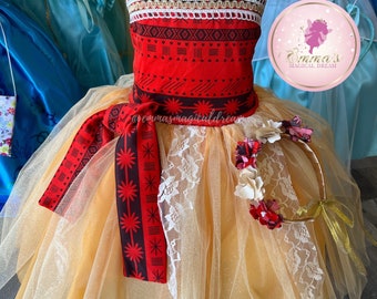 Moana Princess girl includes flower crown/ Removable pin bow / Island princess dress/ princess girl dress