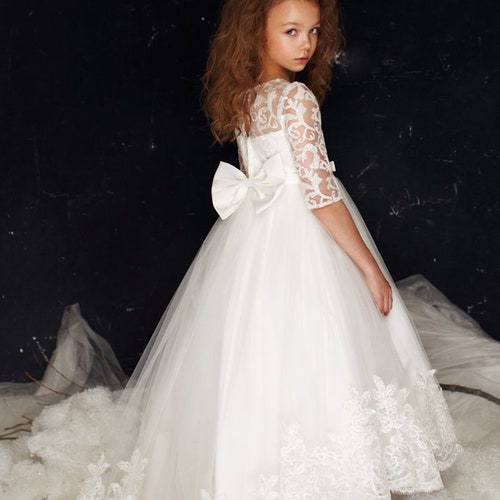 White communion/ Flower Girl Dress with Tulle Skirt main image 0