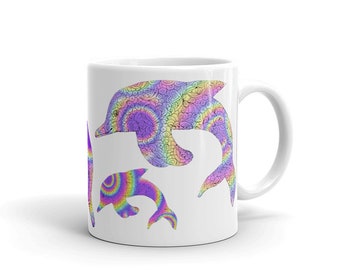 Rainbow Dolphins, Printed Ceramic Mug, Spirit Animal Gift Idea