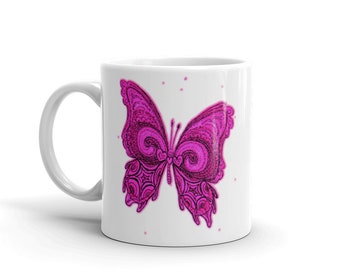 Pink Butterfly Mug, Spirit Animal, Printed Ceramic Coffee Cup, Butterflies Artwork, Lightworker Tea Mug, Power Animal Print, Gift Ideas