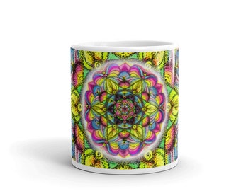 Queen's Mug, Flower for a King, Colorful Freehand Mandala, Spiritual Artwork, Gift Idea for Her
