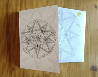 Stardust Planet Blessing Card, Star Mandala, Black and White Freehand Drawing, Cosmic Connection